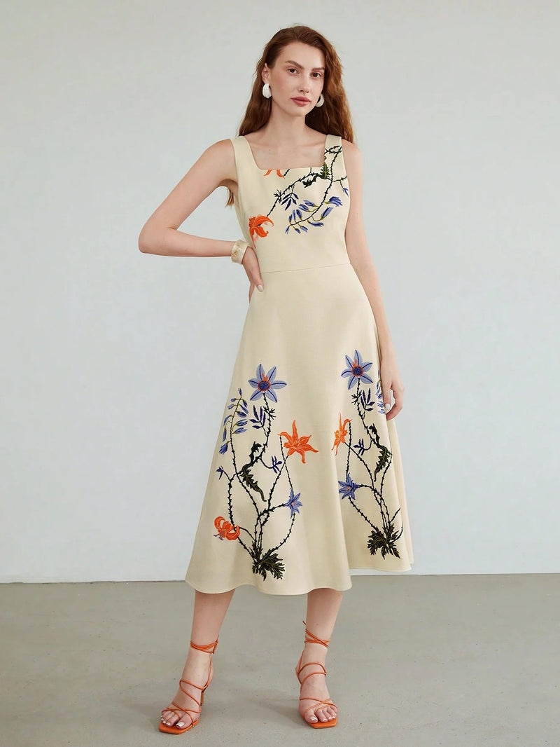 MIYOURI Embellished Floral Midi Dress (No Belt)