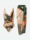 JONES Tropical Print One Piece Swimsuit with Beach Skirt 2 PC Set