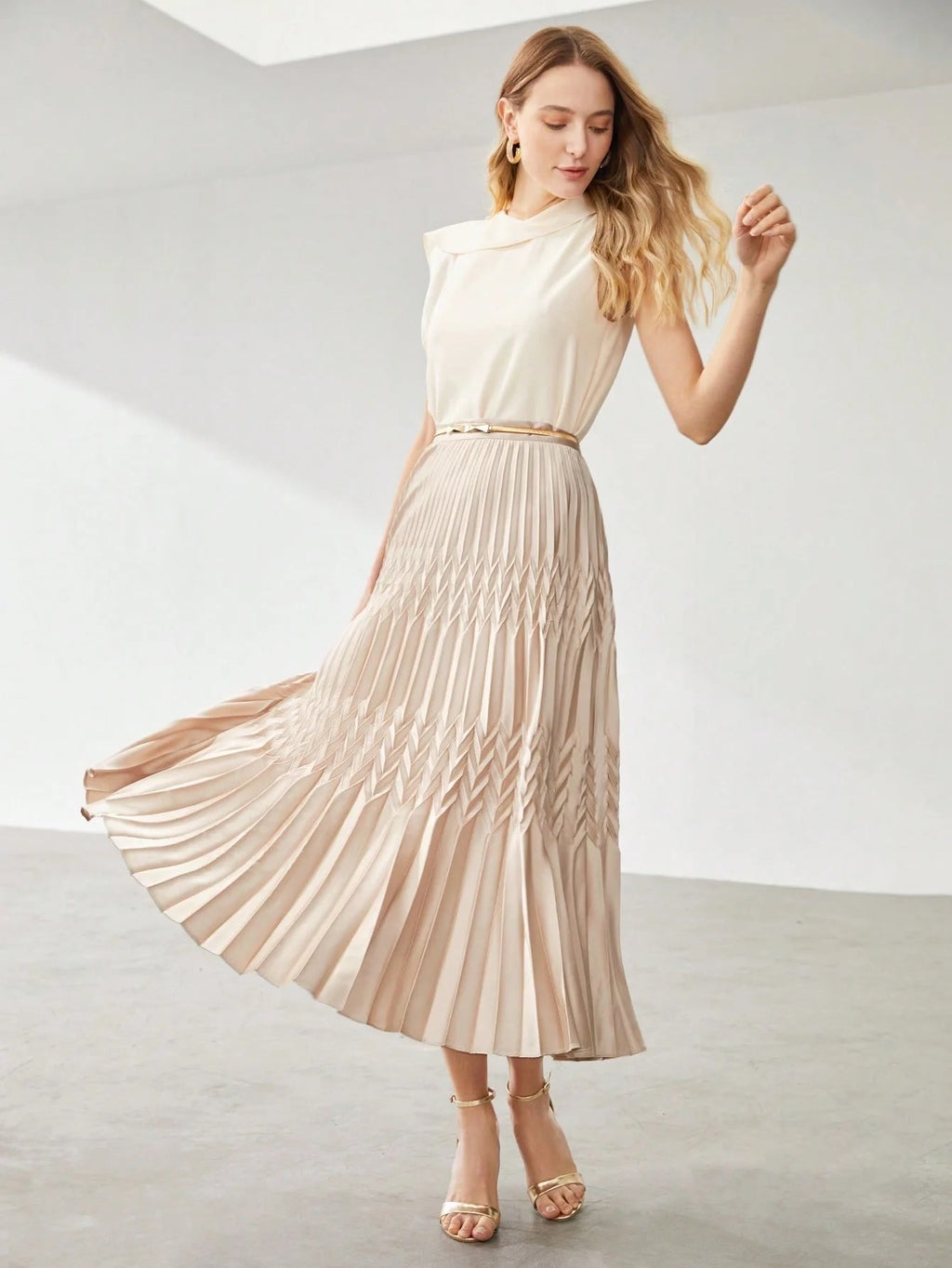 YUMI Silk Pleated Flowy Skirt