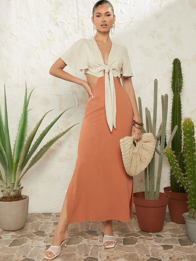 Tie Front Cutout Waist Dress
