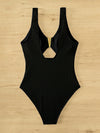 Textured Cut out Front V Neck One Piece Swimsuit