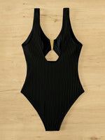 Textured Cut out Front V Neck One Piece Swimsuit