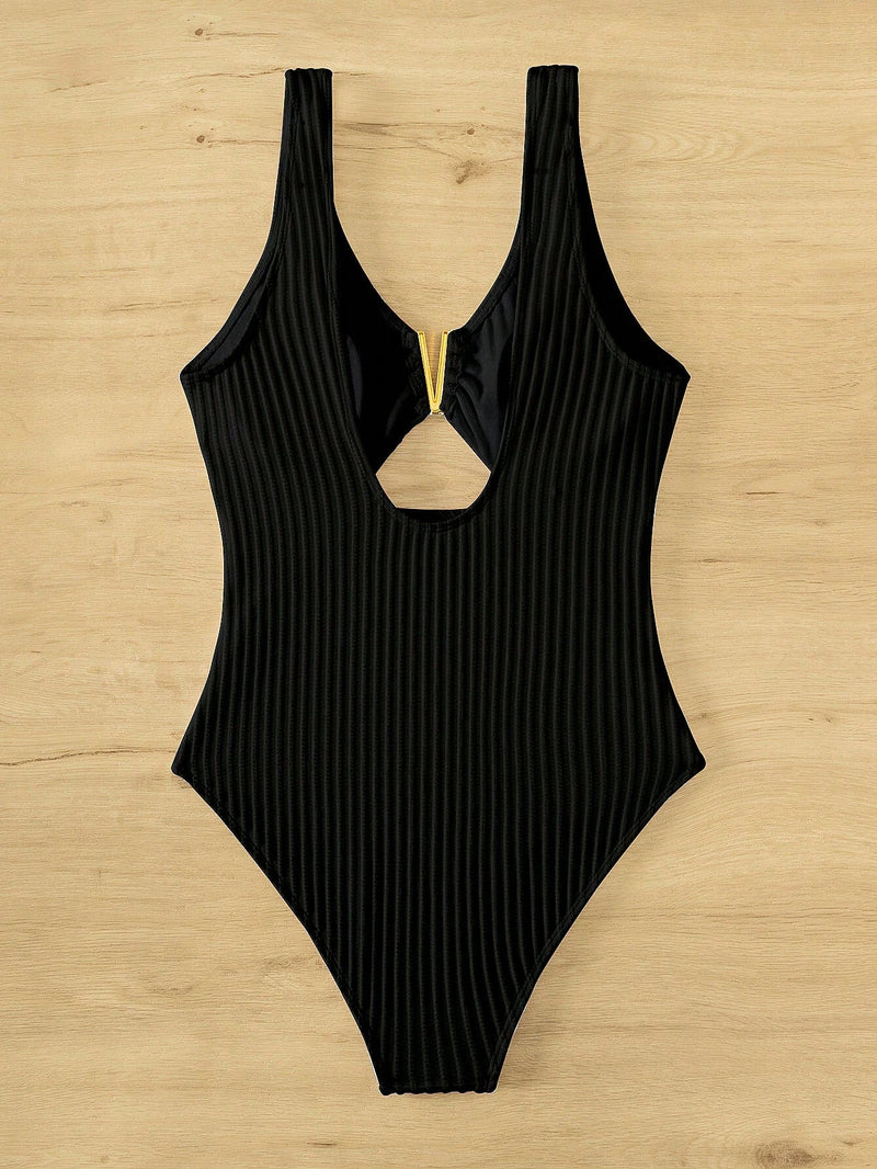 Textured Cut out Front V Neck One Piece Swimsuit