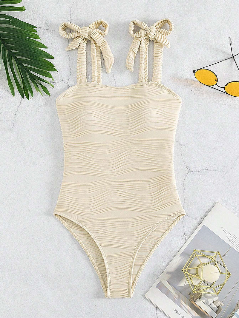 BLAKE Solid Textured Tie Shoulder One Piece Swimsuit