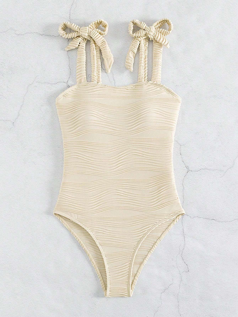 BLAKE Solid Textured Tie Shoulder One Piece Swimsuit
