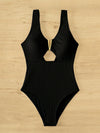 Textured Cut out Front V Neck One Piece Swimsuit