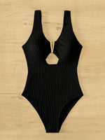 Textured Cut out Front V Neck One Piece Swimsuit