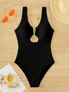 Textured Cut out Front V Neck One Piece Swimsuit