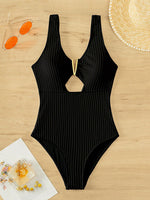 Textured Cut out Front V Neck One Piece Swimsuit