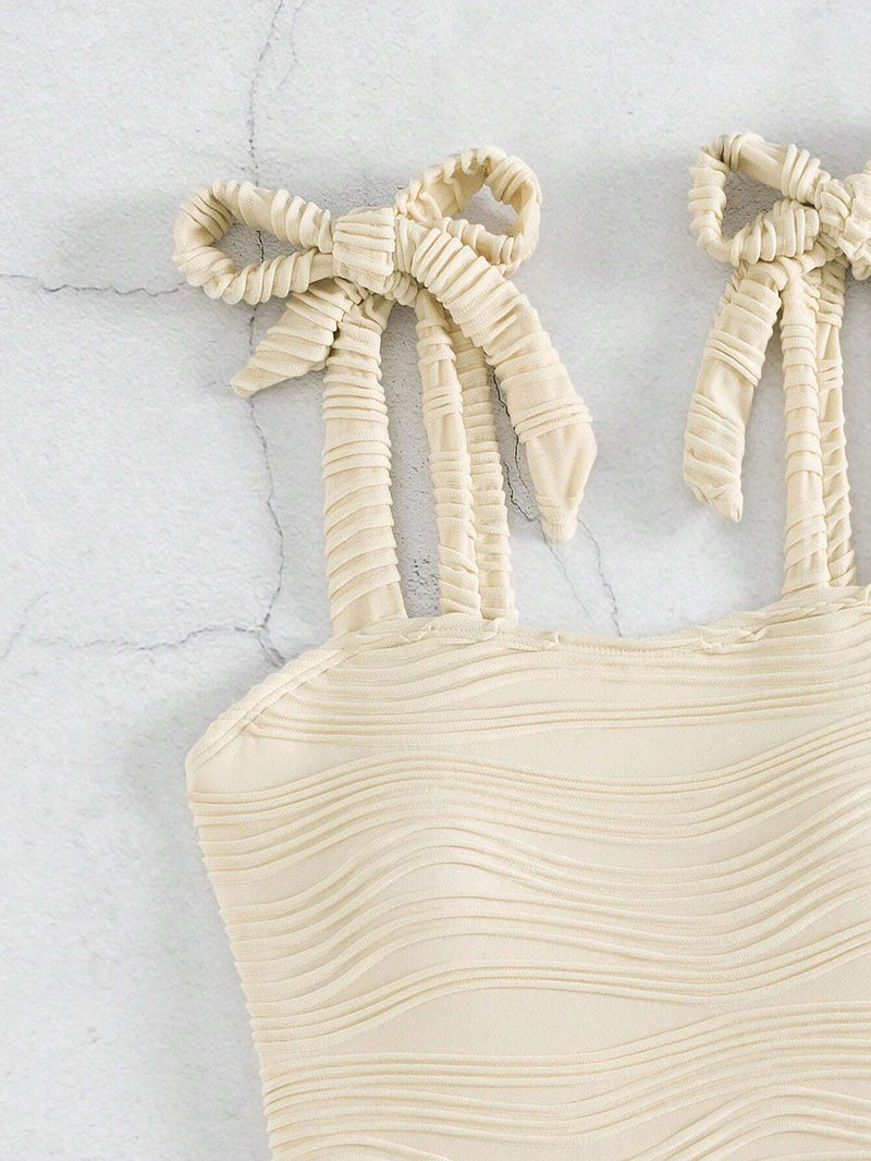 BLAKE Solid Textured Tie Shoulder One Piece Swimsuit