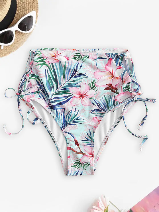 Tropical Print Side Lace Up High Waisted Bikini Bottom (Small)